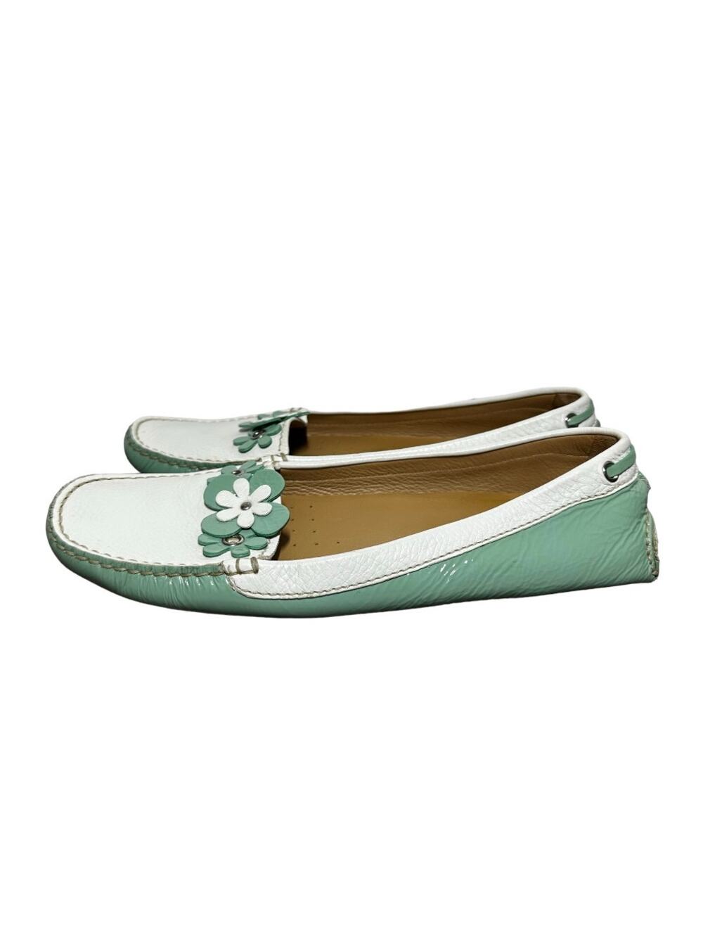 Prada The Original Car Shoe Driving Loafer Patent Pebbled Leather Flower Green 8